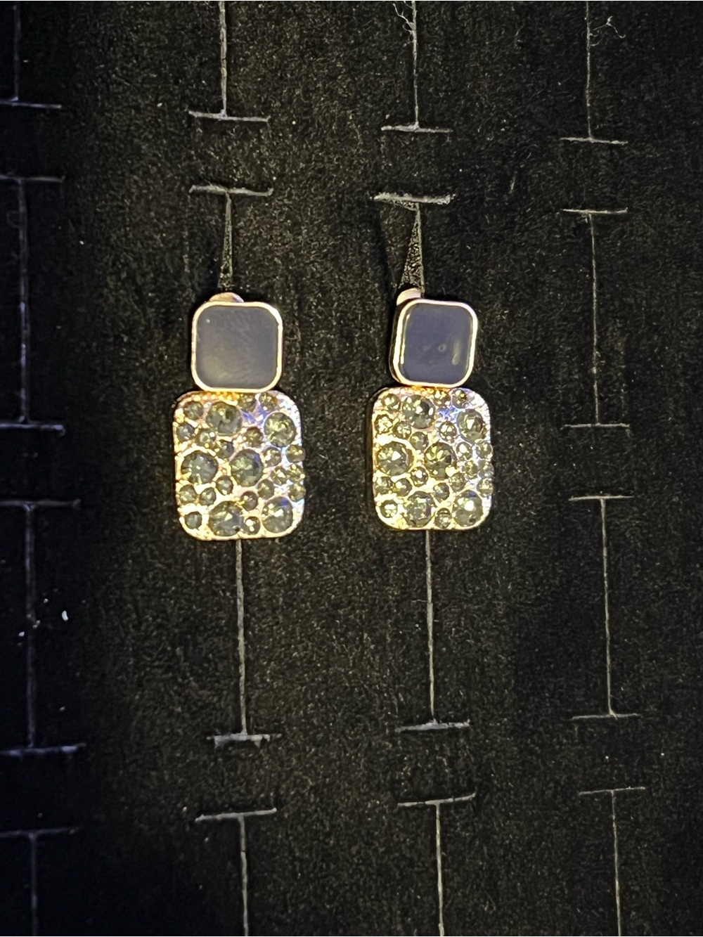 Gold-Tone Black CZ Square Drop Earrings Black Enamel